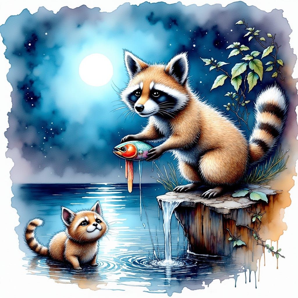 Ink Pointalism Sketch of a Mischievous Baby Raccoon