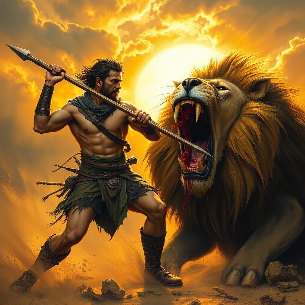 Warrior and Lion Battle at Sunset
