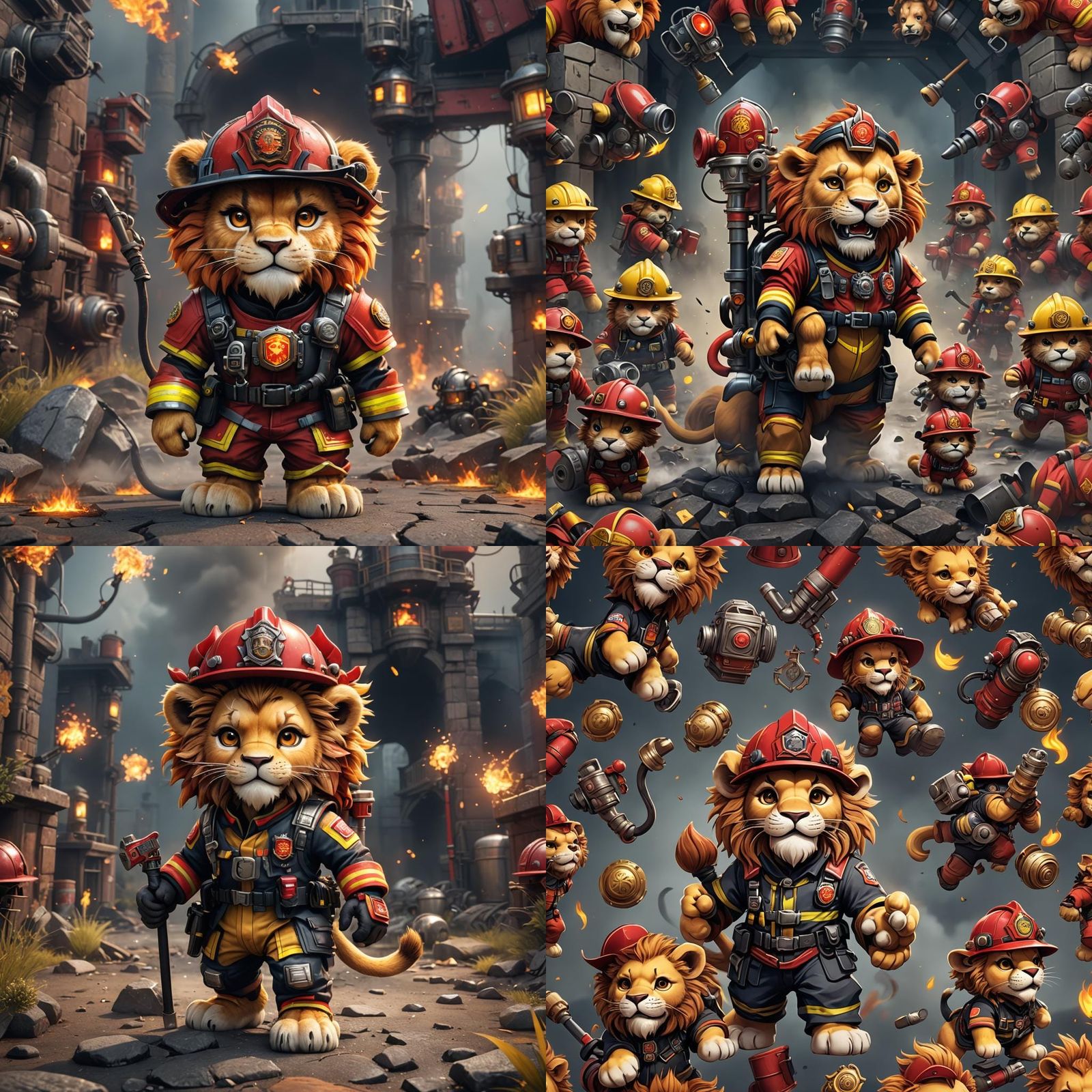 Chibi Lion Firefighter in Detailed Digital Art