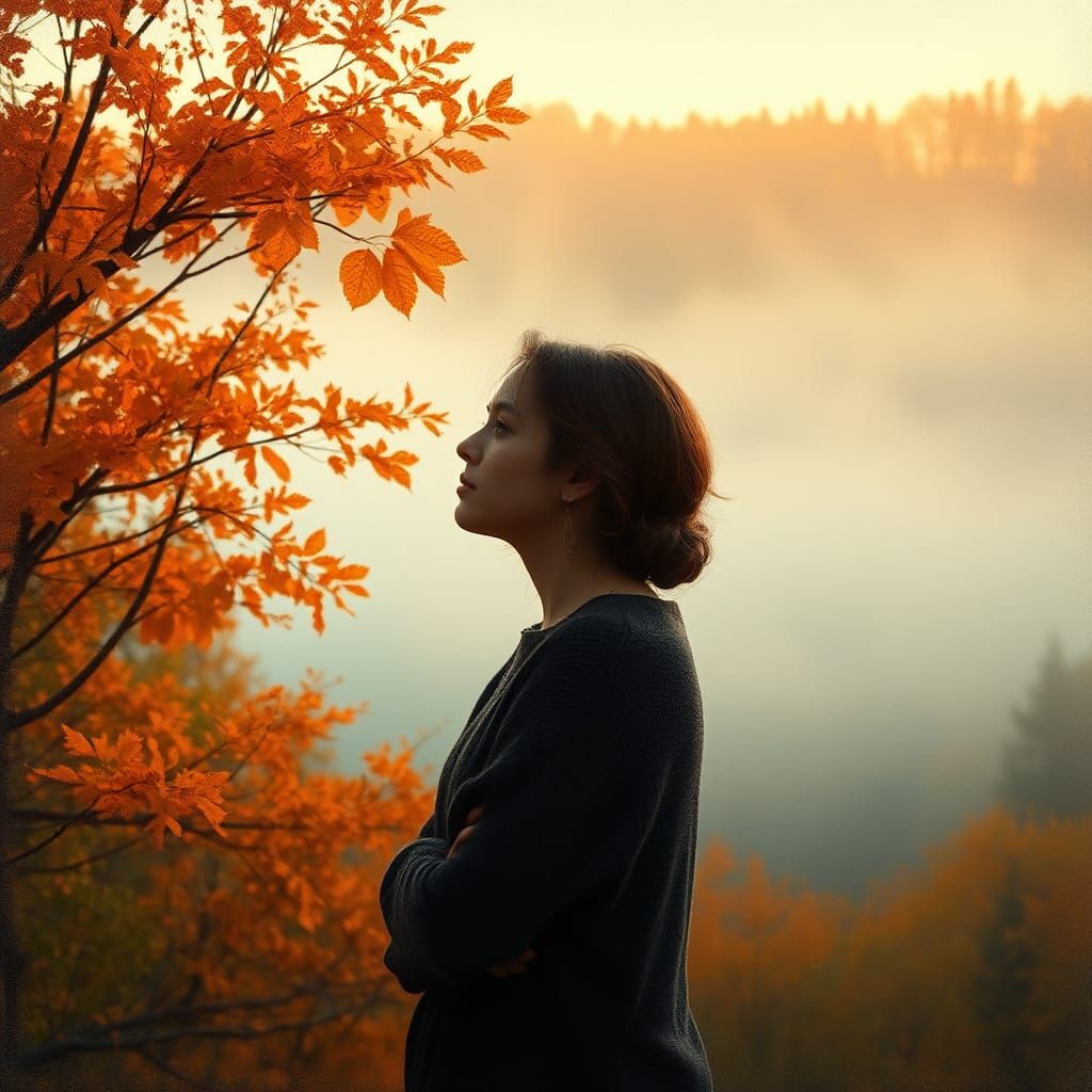 Contemplative Woman in Autumn Landscape, Impressionist Style