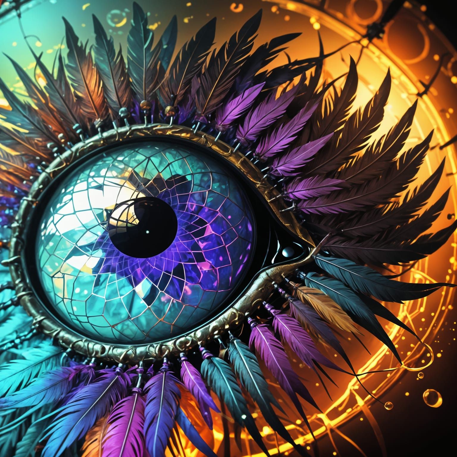 Chrome Dreamcatcher Eye with Oil Slick Feathers