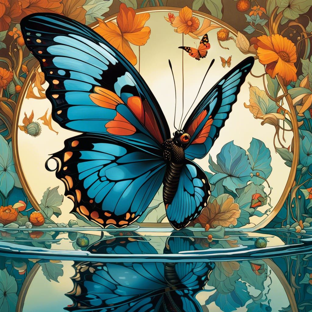 Butterfly Touches Mirrored Reflection in Detailed Digital Ar...