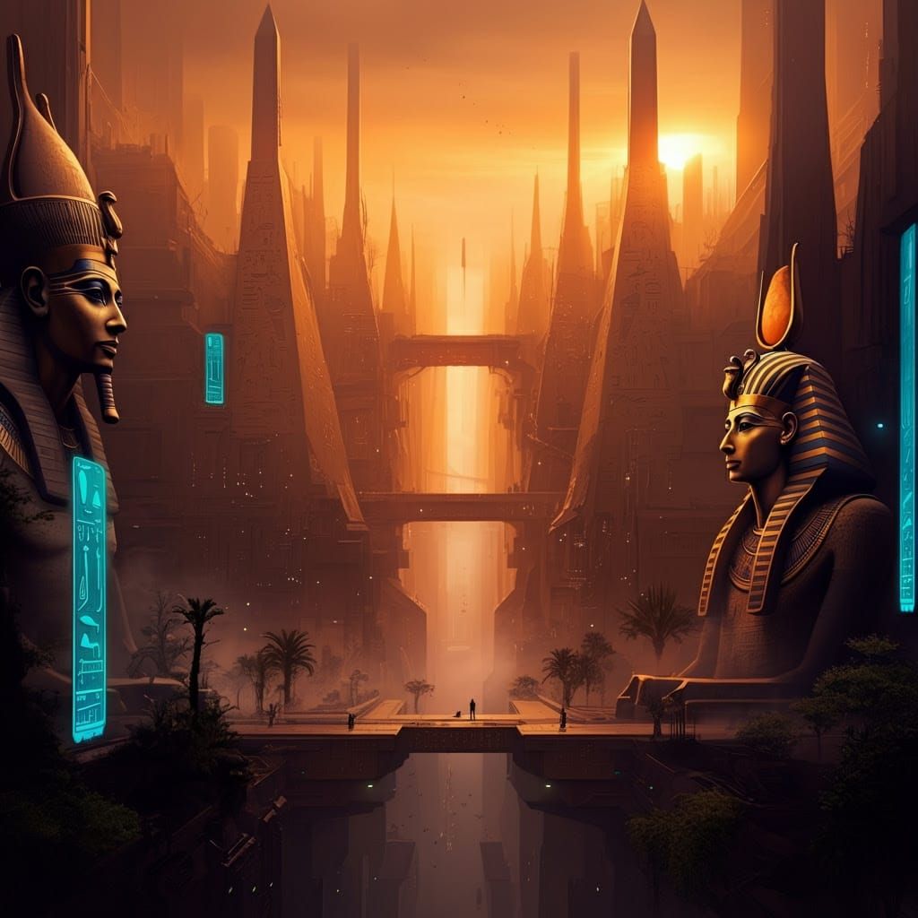 Dystopian Metropolis with Cyberpunk and Ancient Egyptian Arc...