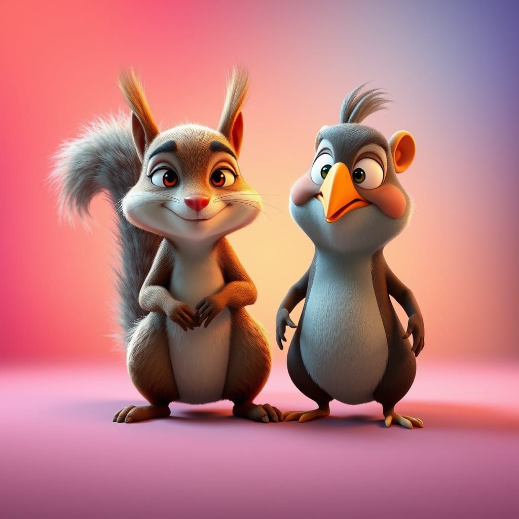 Squirrel and Badger's Mischievous Teamwork in 3D Digital Art