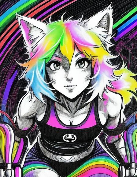 Catgirl Exercising in a Rainbow Gym