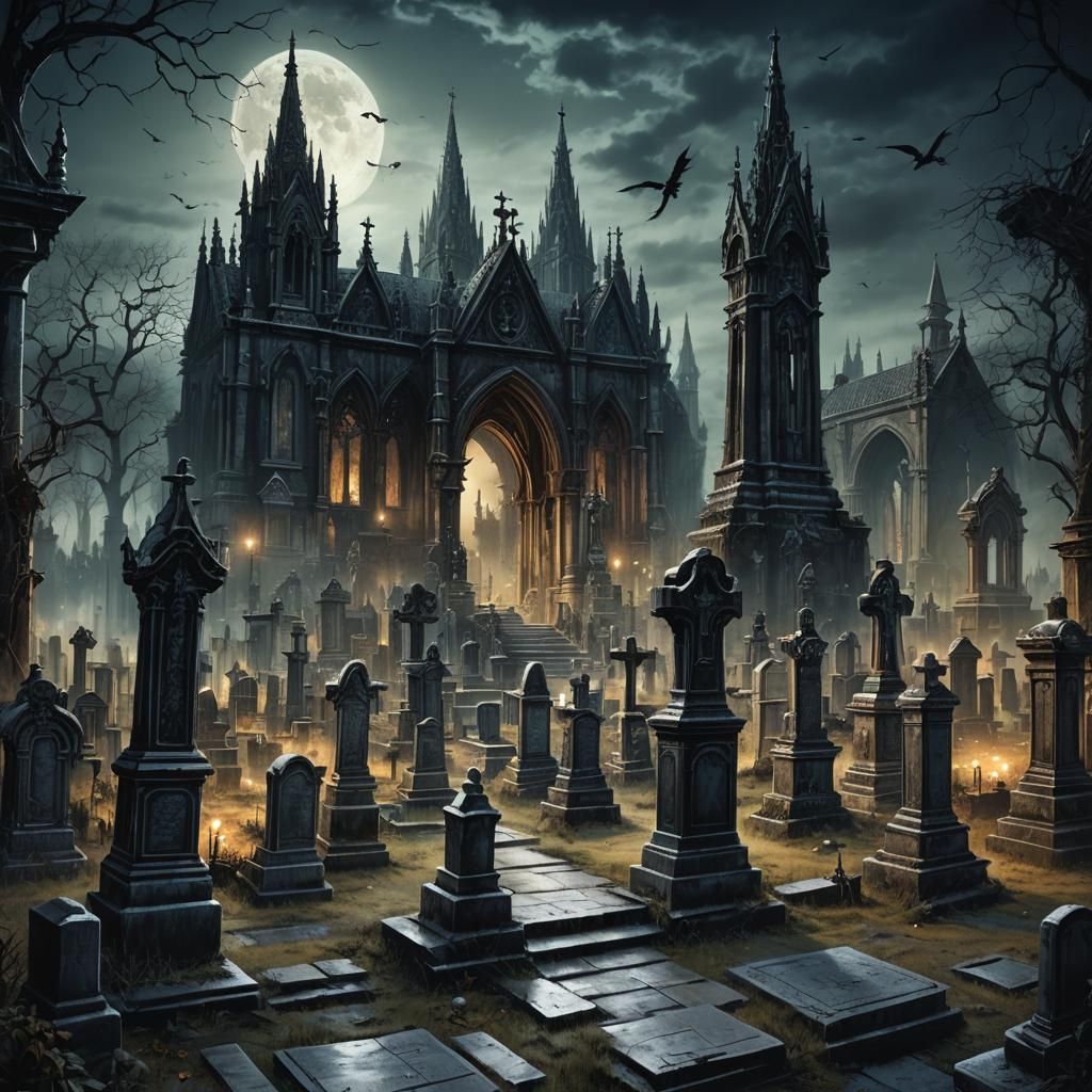 Gothic Cemetery Illustration with Splendid Steles
