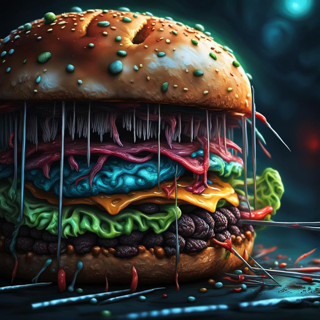 Creepy Surreal Hamburger with Needles in Giger Style