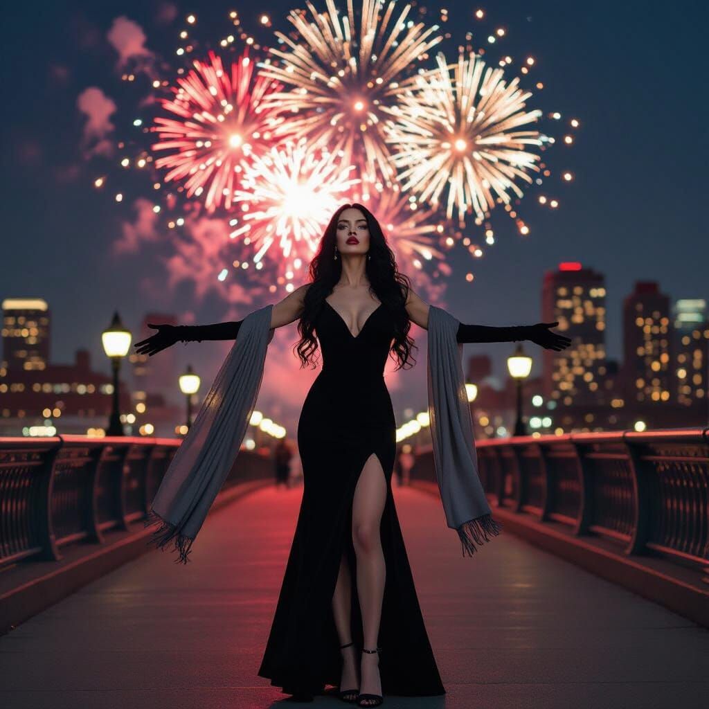 Gothic Woman Watching Fireworks, Photorealistic Style