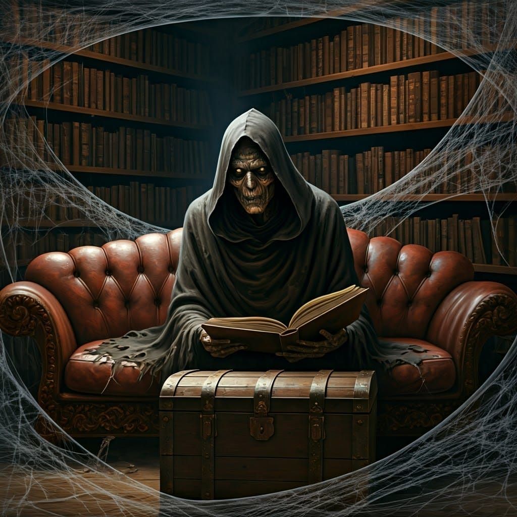 Emaciated Old Man in Dark Hiding Place, Velvet Sofa and Anci...