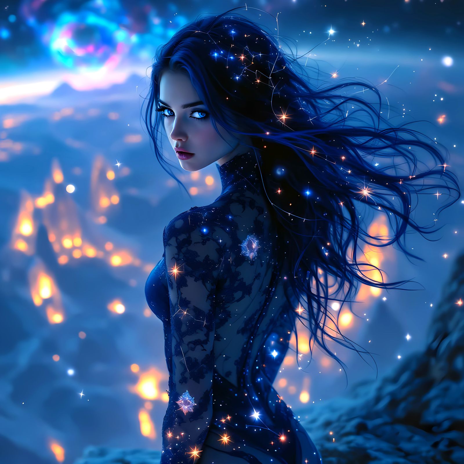 Woman with Flowing Hair in Alien Landscape