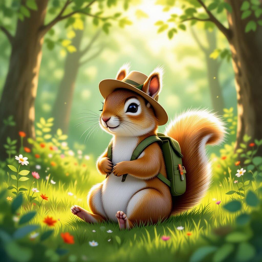 Meditating Squirrel in Forest, Beatrix Potter Style
