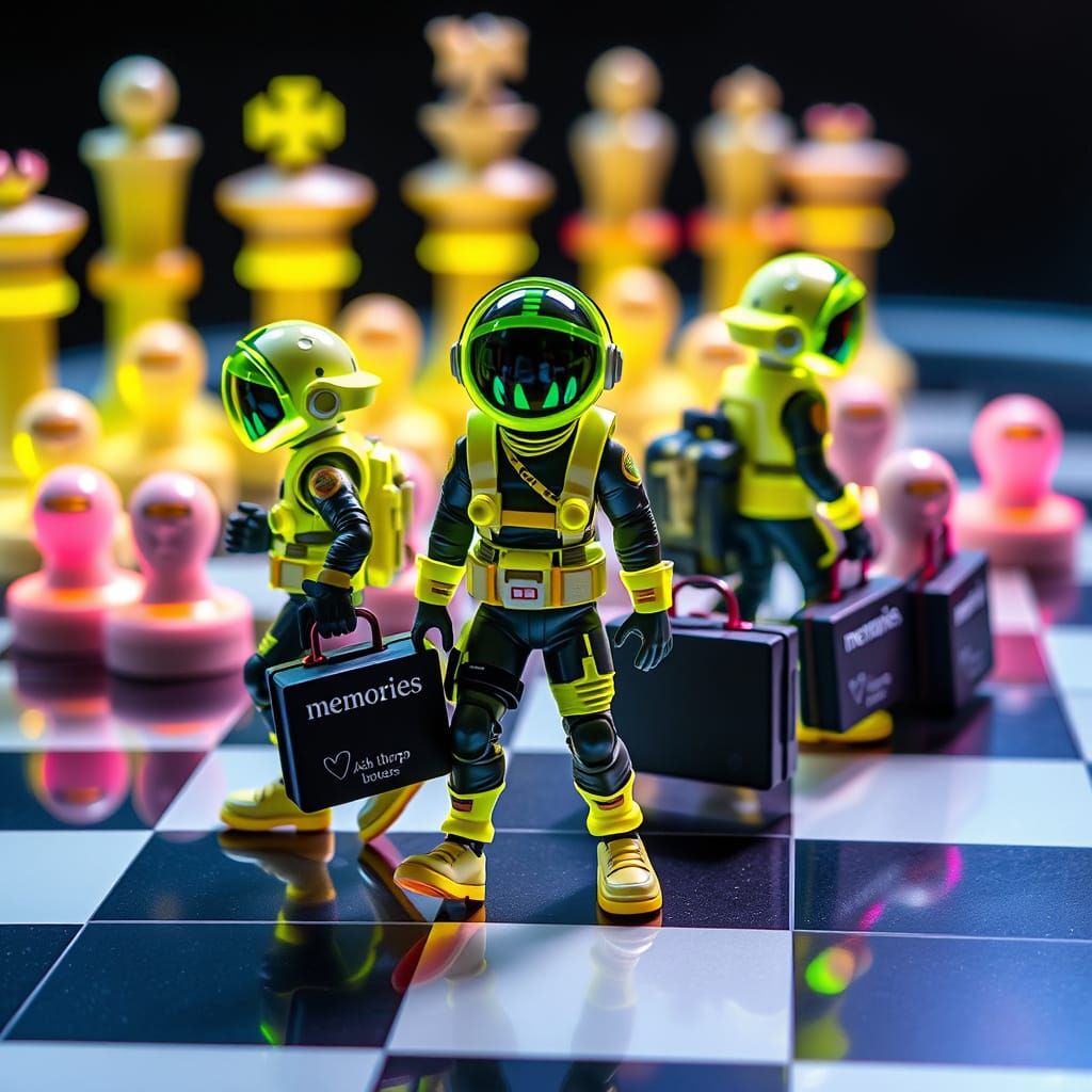 Electric Chessboard with Neon Techno Figurines