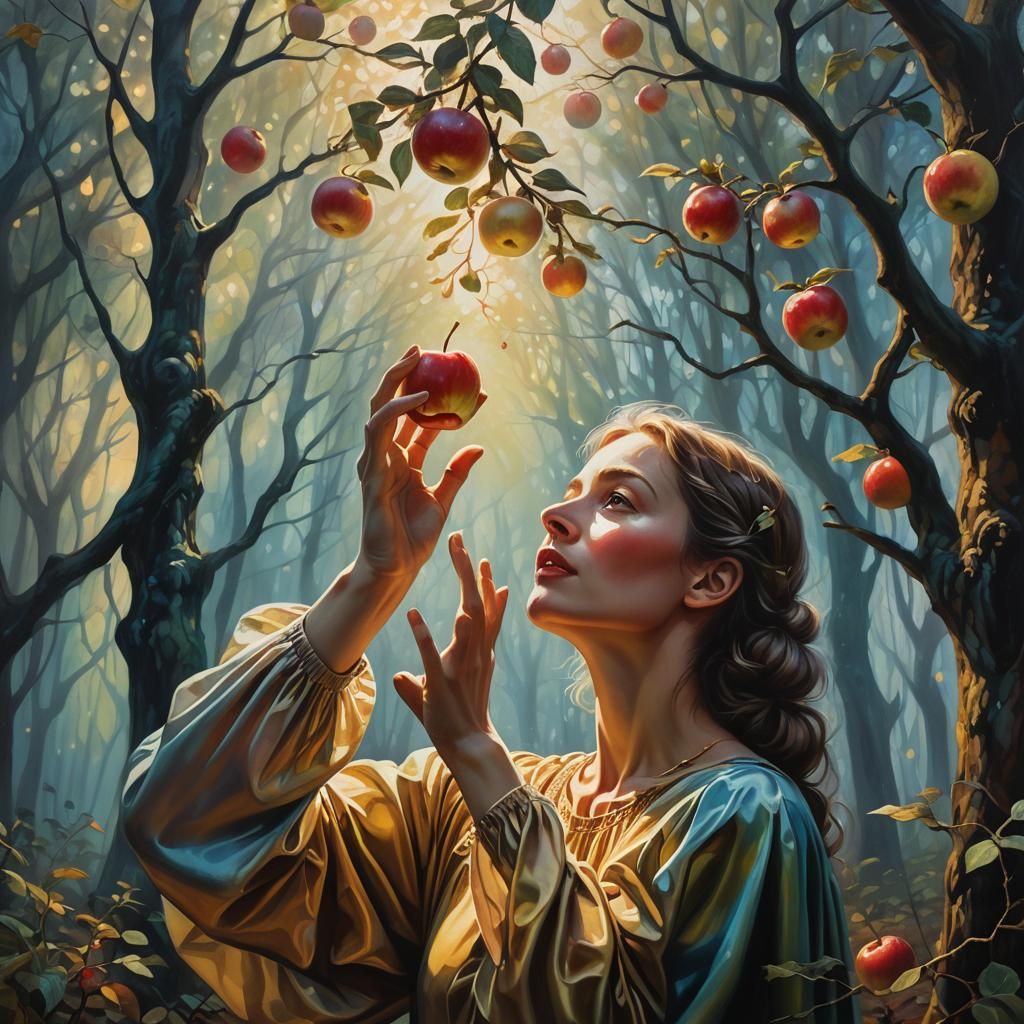 Mystical Forest: Woman Reaching for Apple in Surreal Oil Pai...