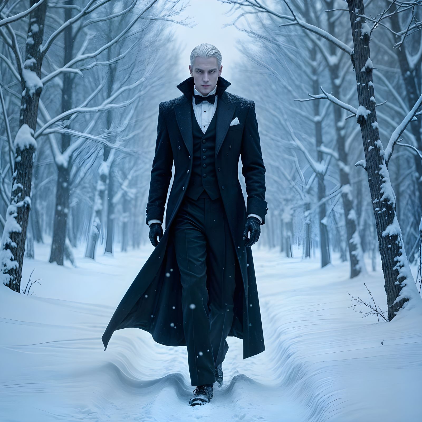 Gaunt Figure Walks Through Snowy Blizzard