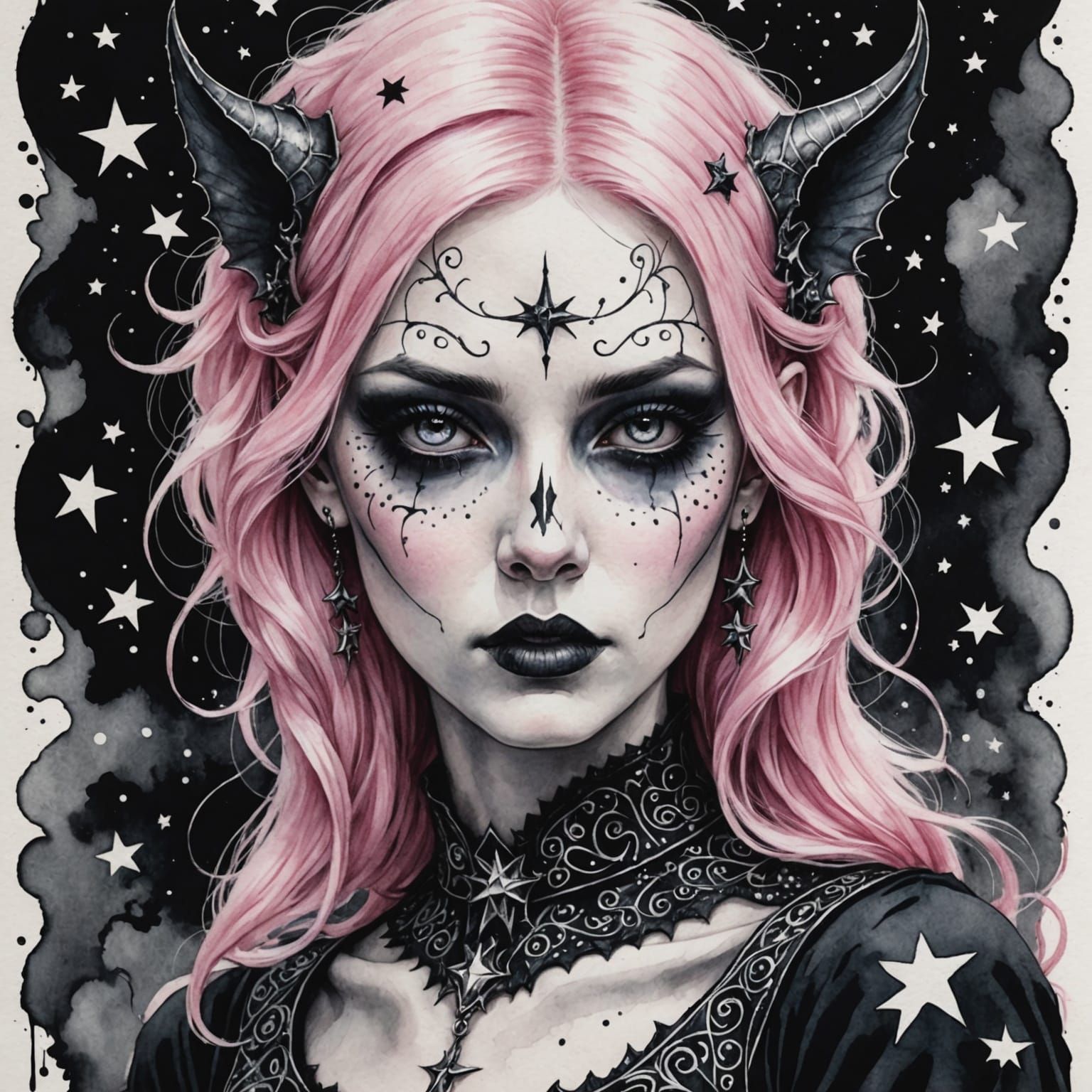 Detailed Ink Portrait of a Pastel Goth Lady