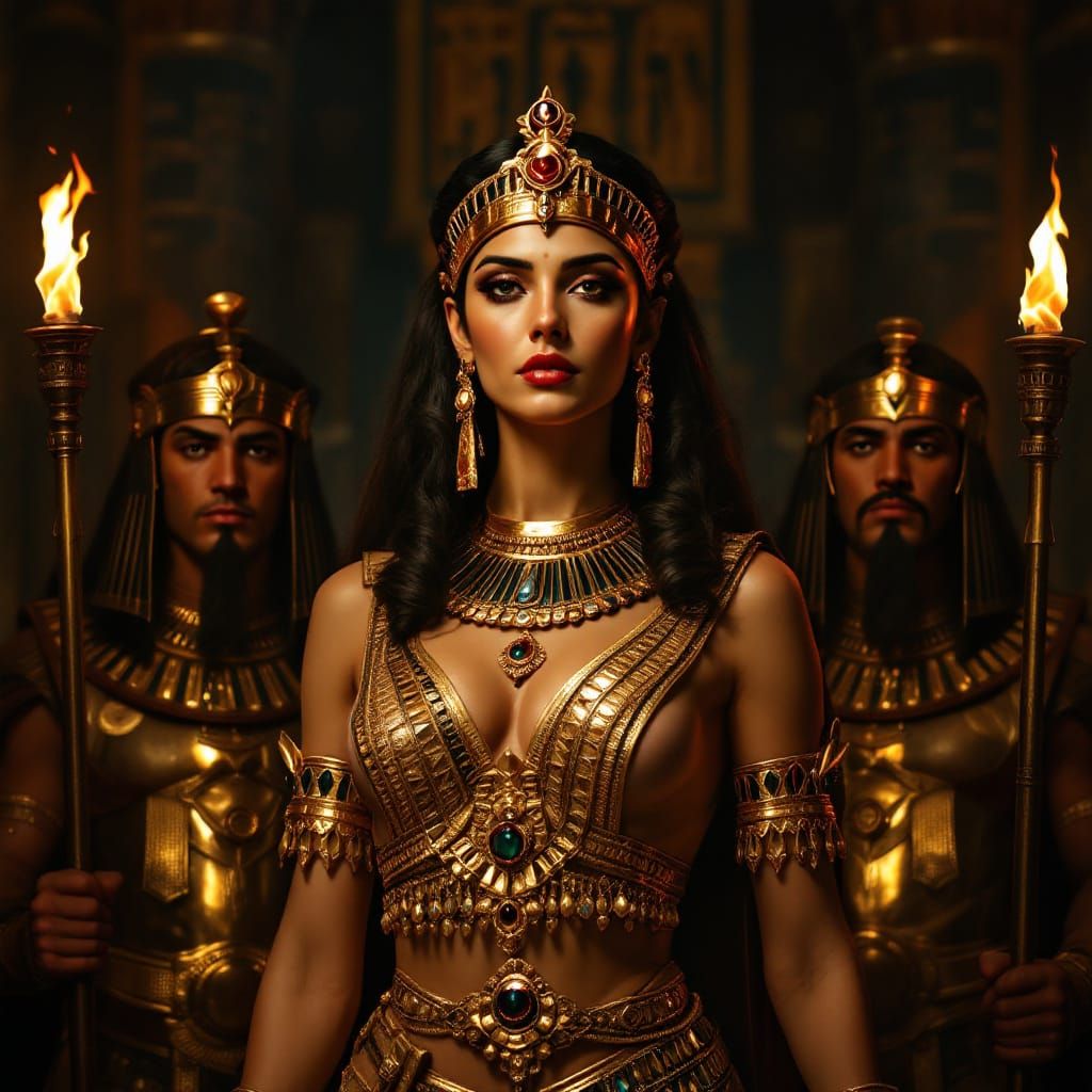 Regal Cleopatra Portrait with Nubian Guards