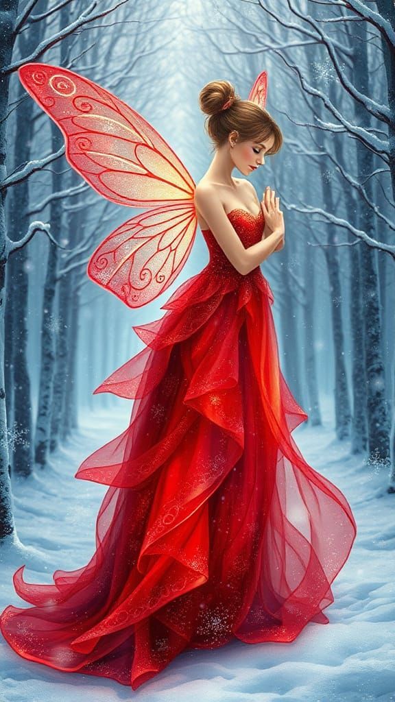 A fairy with intricately detailed wings, wearing a red shimmering, elegant lucent fulgent shimmering grandeur glistening...