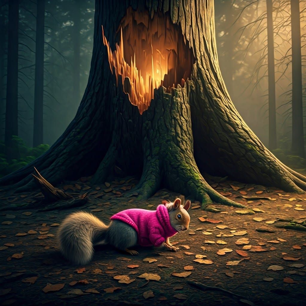 Injured Squirrel in Pink Outfit in Cinematic Forest