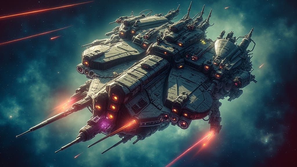 Menacing Dark-Hulled Space Cruiser in Cyberpunk Futurism
