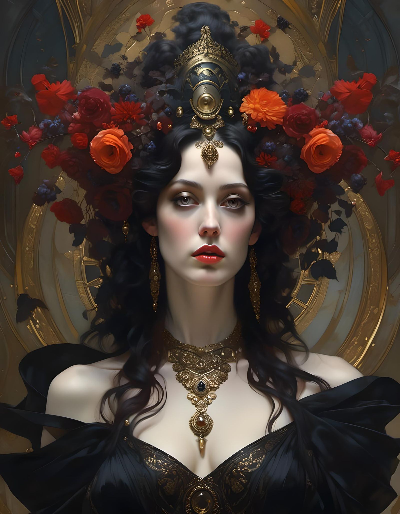 Gothic Witch Goddess Portrait in Art Nouveau Style