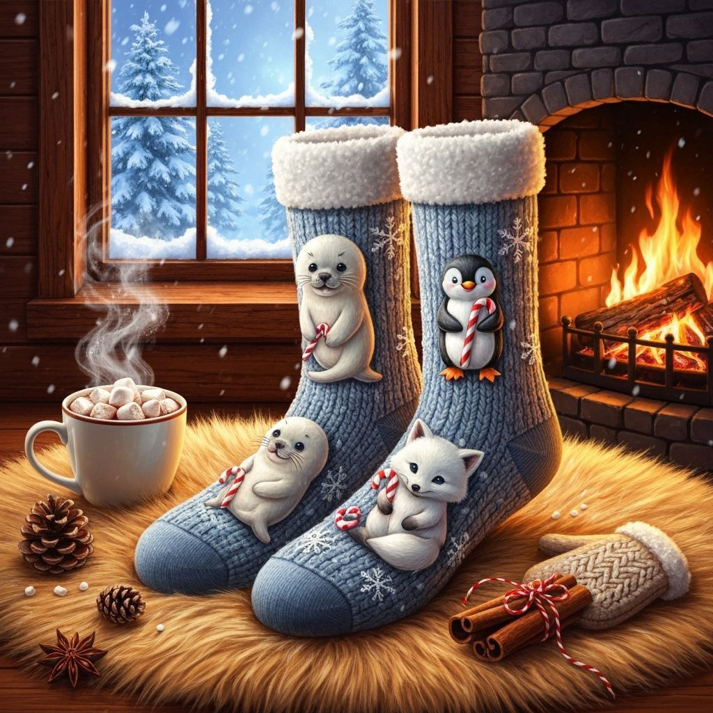 Festive Winter Socks with Polar Animals, 8K Render