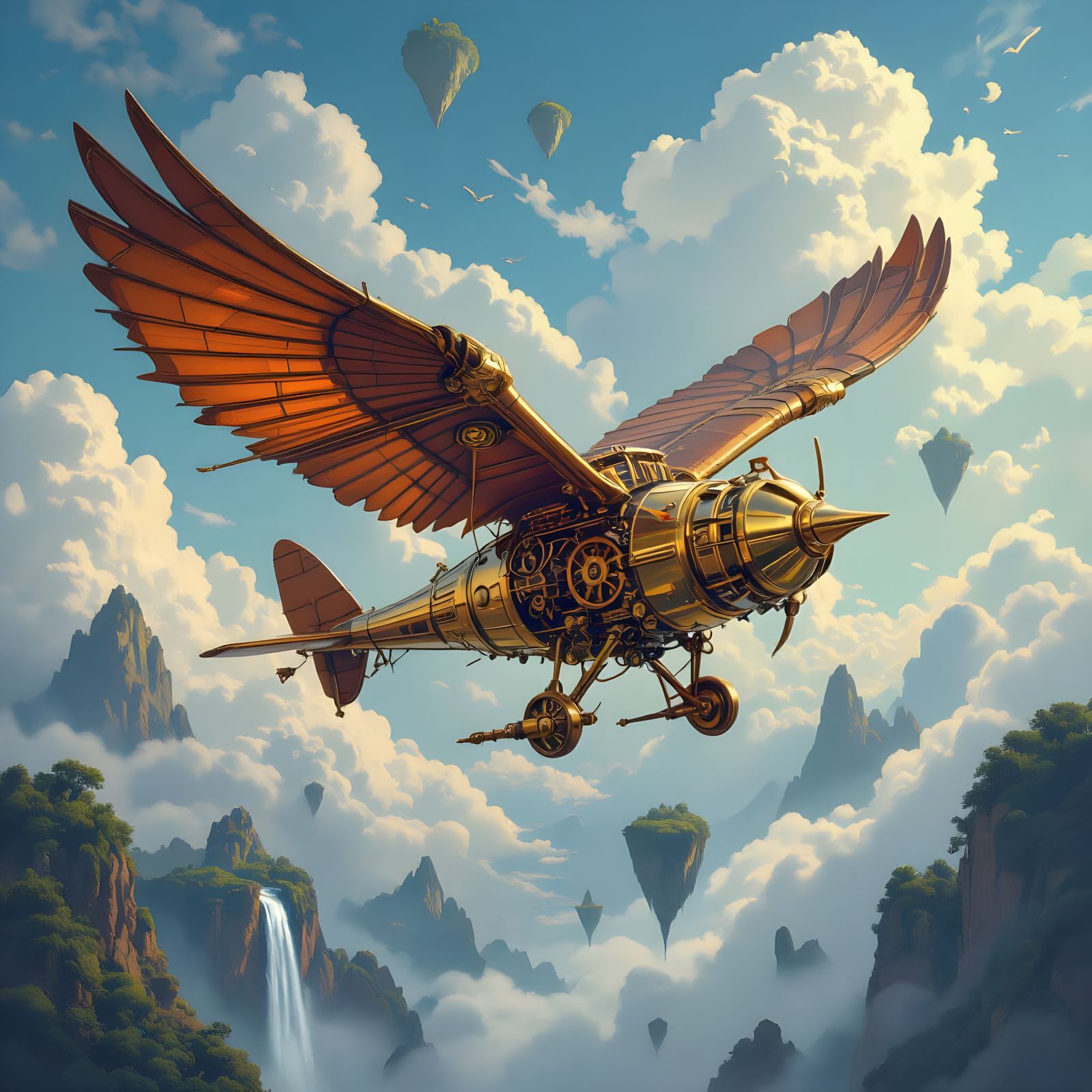 Steampunk Ornithopter Soaring Through Floating Islands