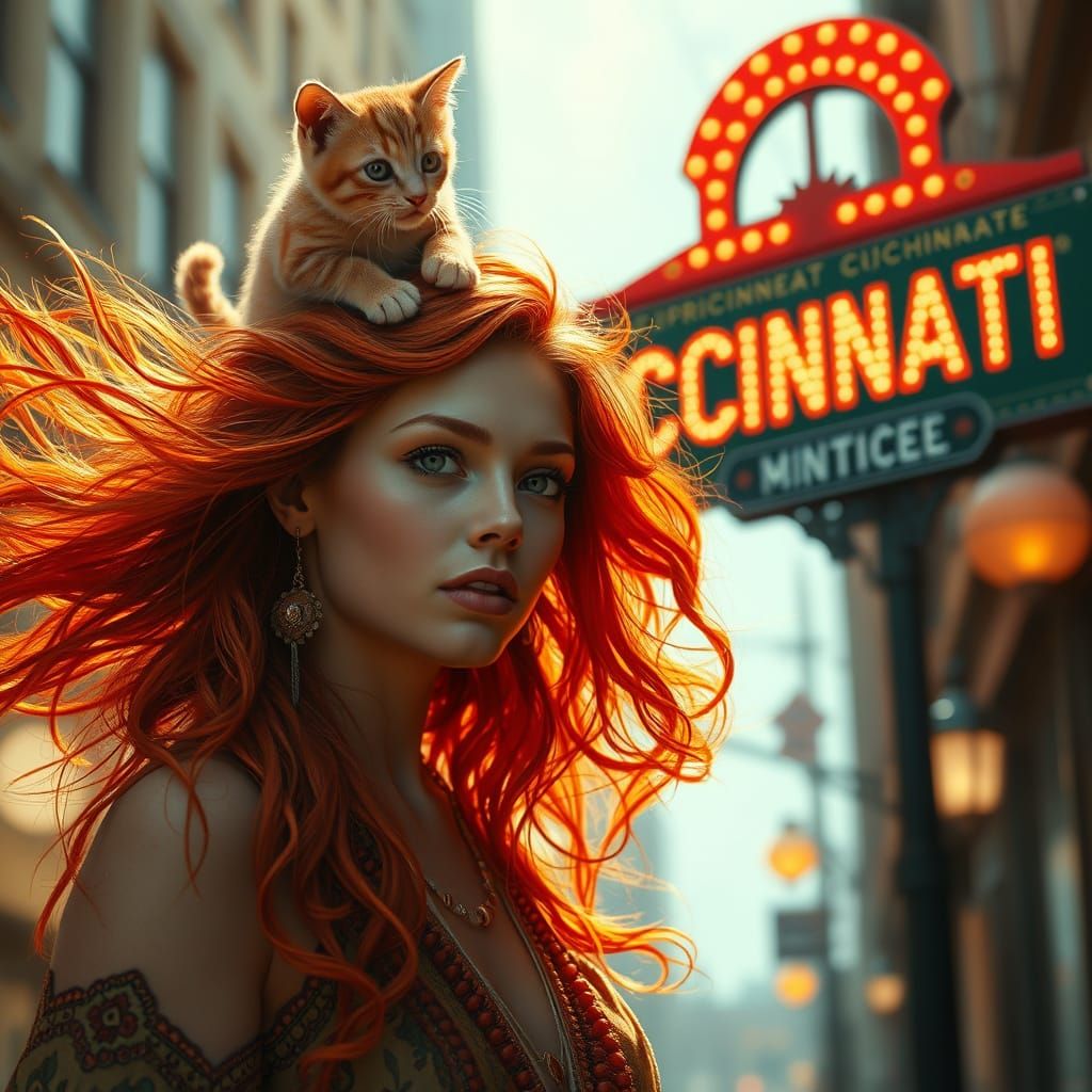 Whimsical Bohemian Goddess with Kitten in Golden Light