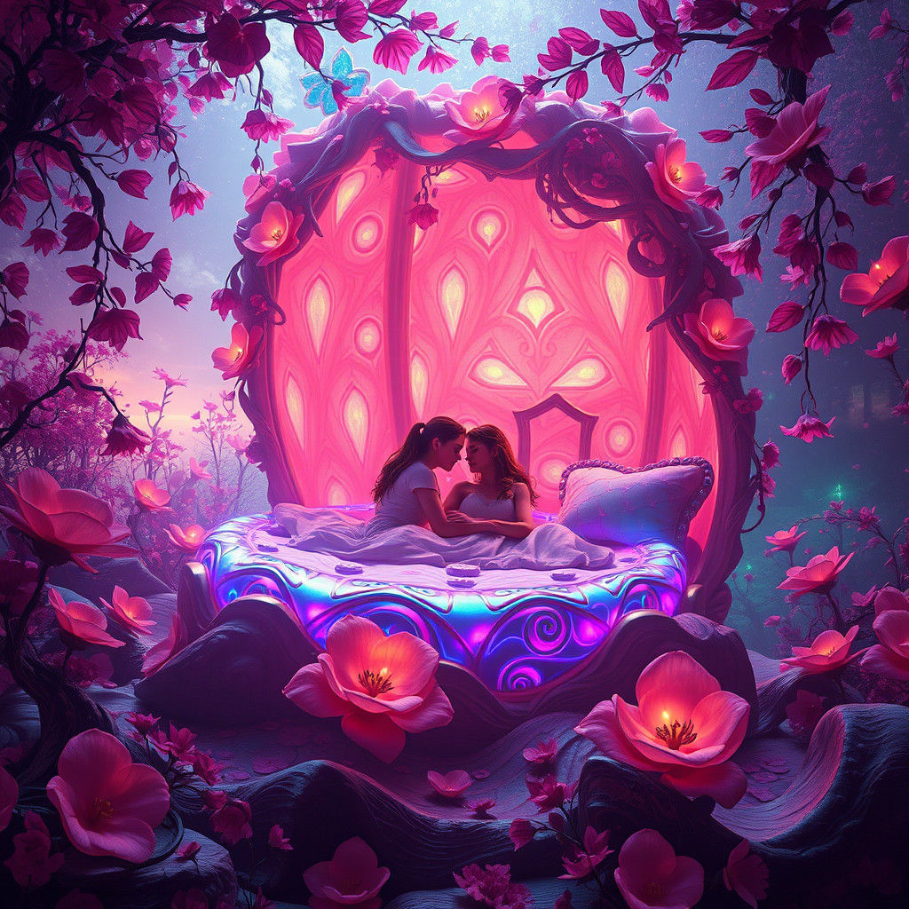 Mystical Landscape with Iridescent Flowers in 8k