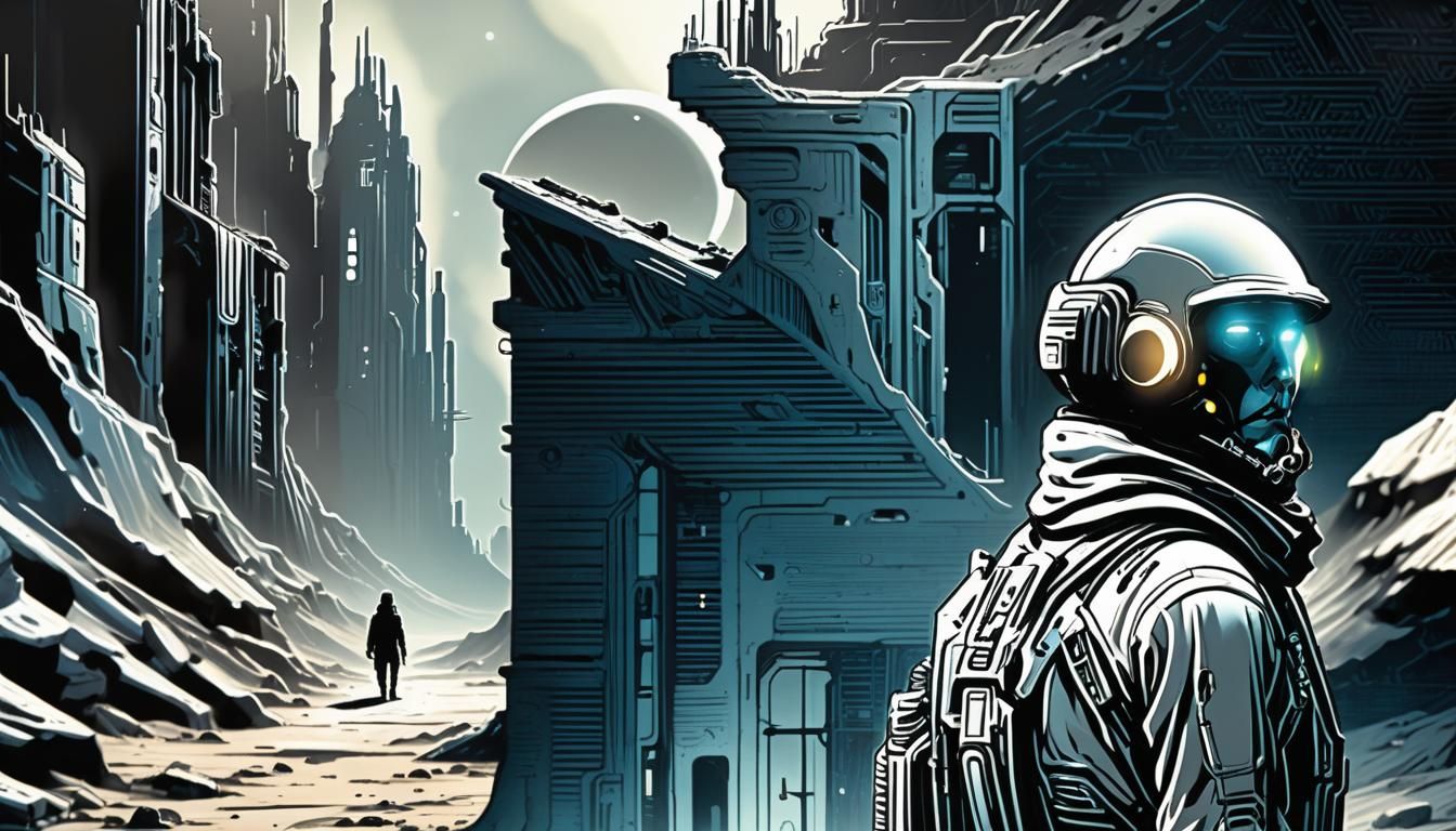 Space Explorer in Abandoned City: Moebius Style Ink Drawing