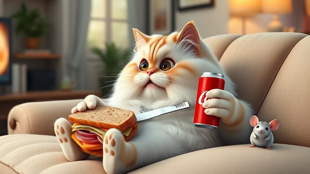 Whimsical 3D Cartoon Cat Watches TV in Cozy Indoor Setting