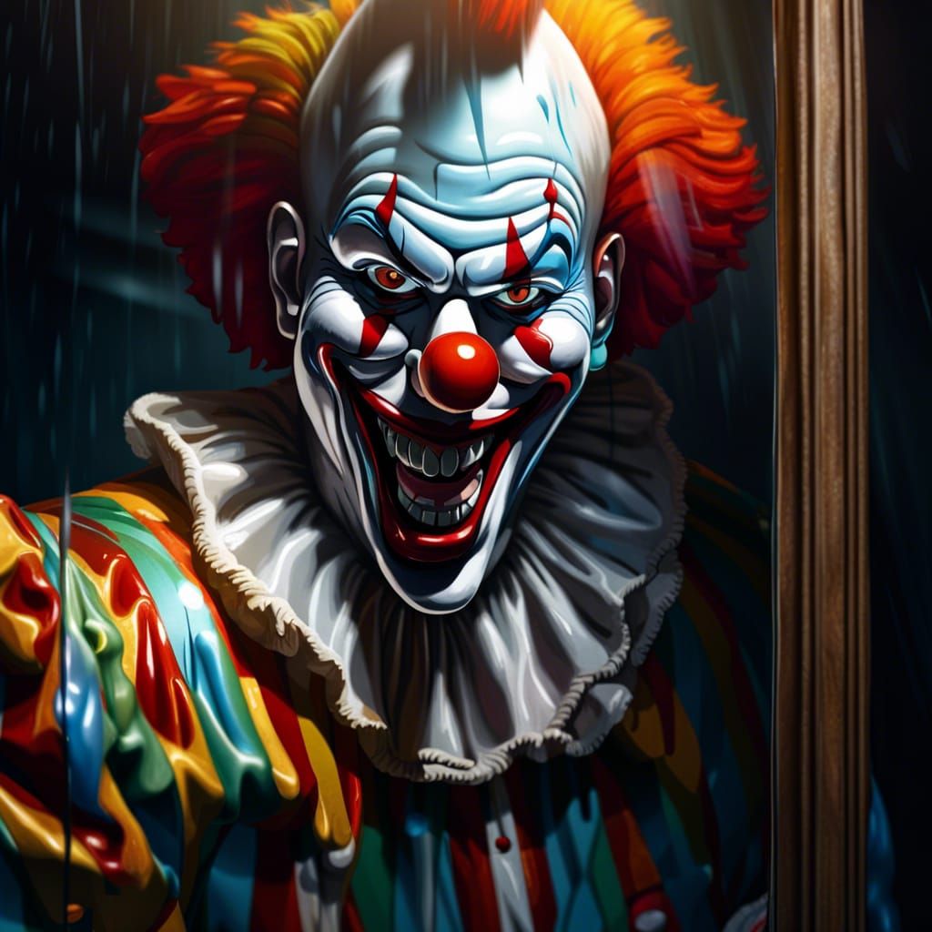 Clown's Joyful Mockery Reflected Sadly, Hyperrealistic