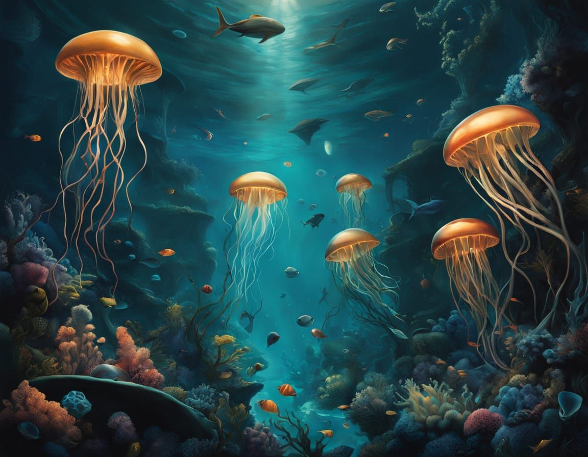 Bioluminescent Jellyfish in Deep Sea, Surreal Oil Painting