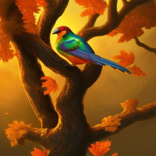 Rainbow Bird in Fairycore Autumn Sunset