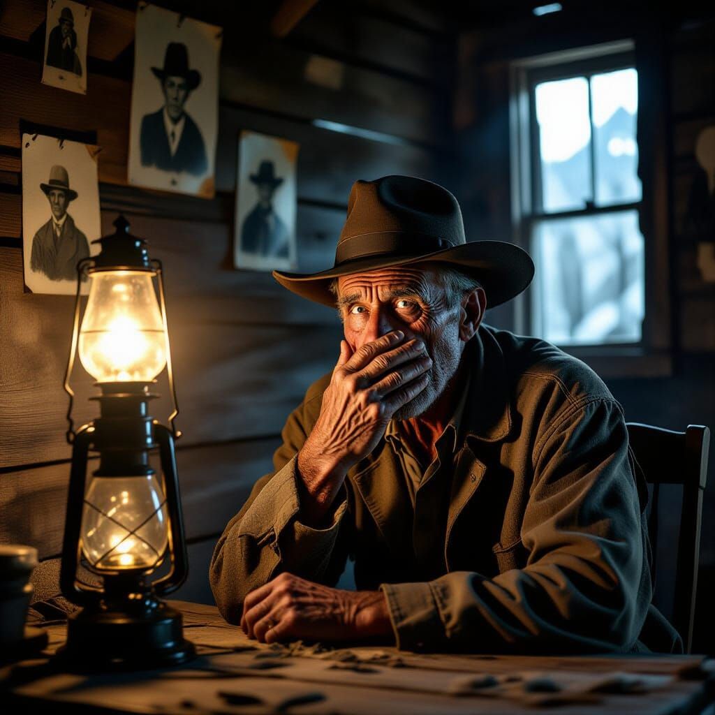 Desolate Farmer in Shack: Cinematic Film Still