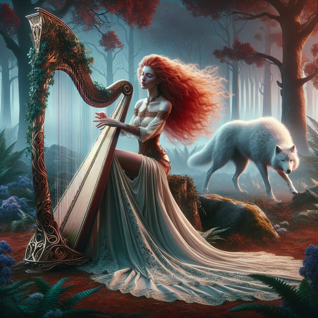 Ethereal Harpist and White Wolf in Oak Forest