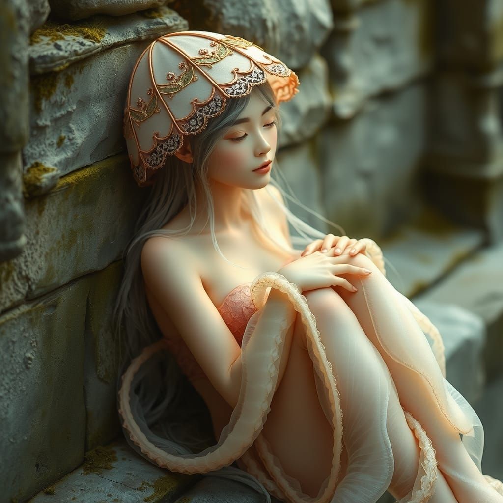 Anthropomorphic Jellyfish Woman in Dreamlike Stillness