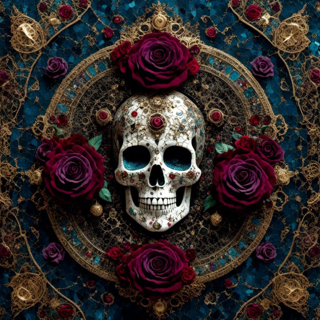 Ornate Sugar Skull Tapestry with Roses and Symbols
