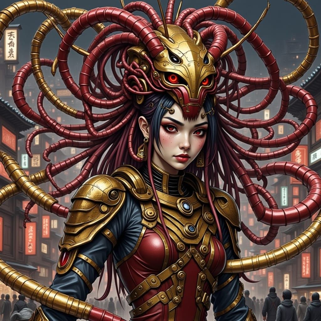 Cybernetic Medusa Centipede in Vibrant Edo Festival Attire