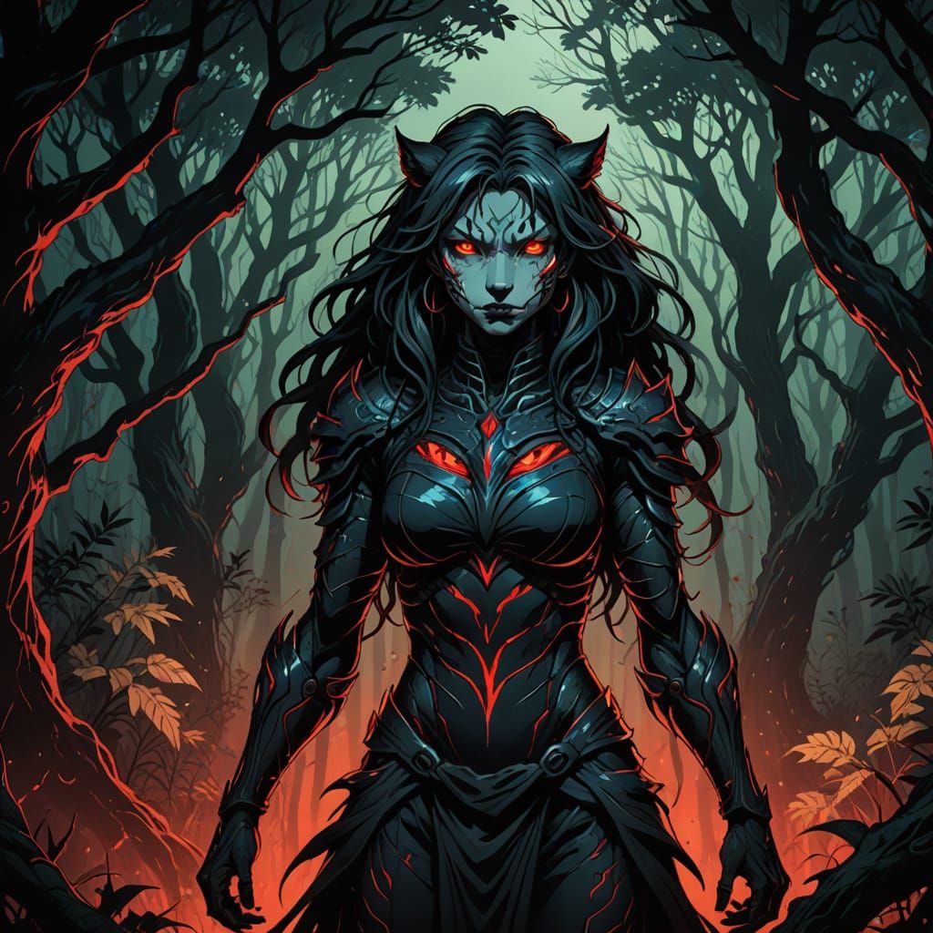 Demonic Tiger Goddess in a Dark, Mystical Realm