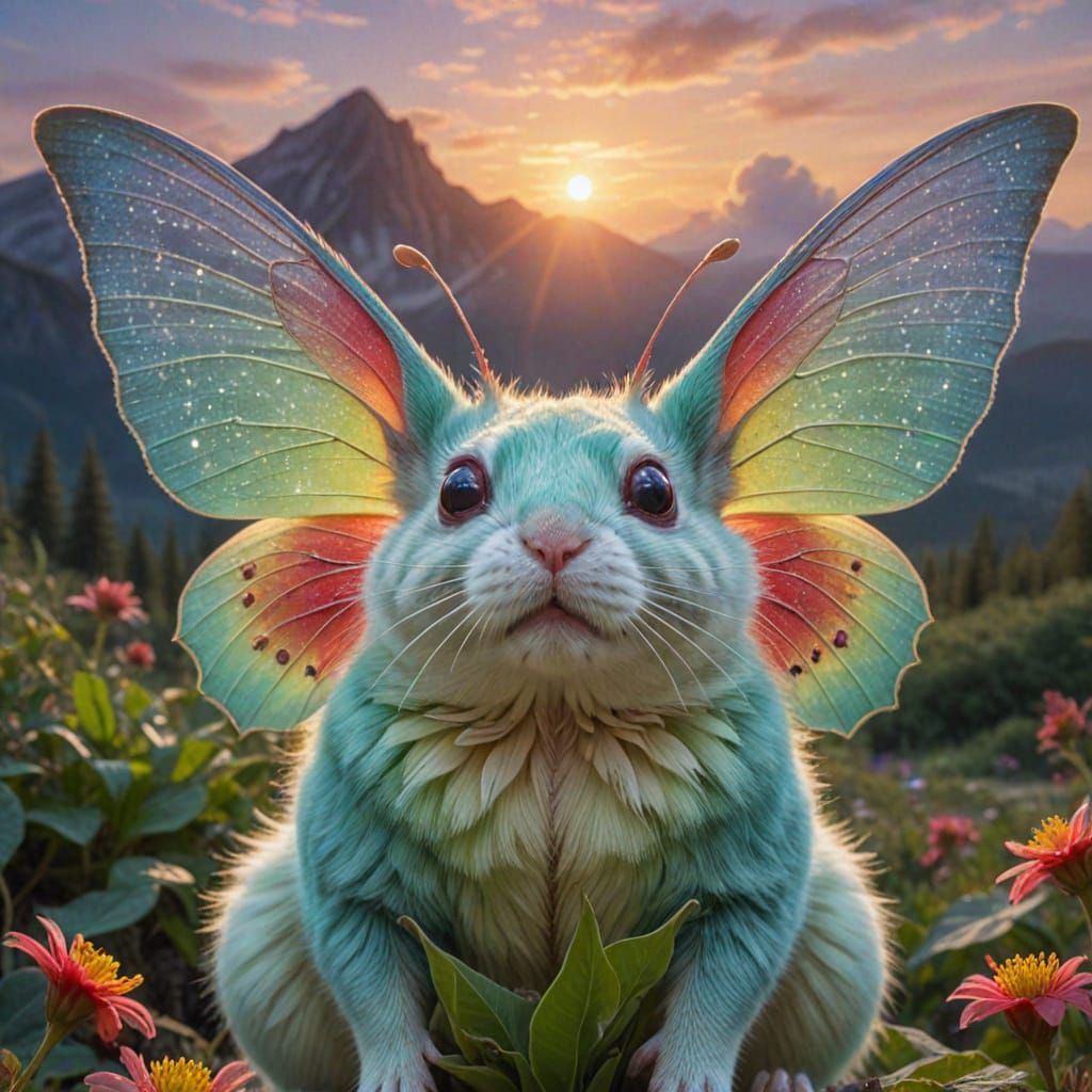 Fantasy Hamster-Luna Moth Hybrid in Magical Landscape