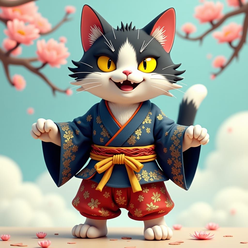 Anthropomorphic Cat in Japanese Hakama, Anime Style