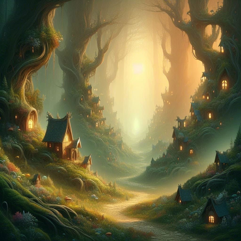 Enchanted Forest with Fairy Houses in Soft Mist