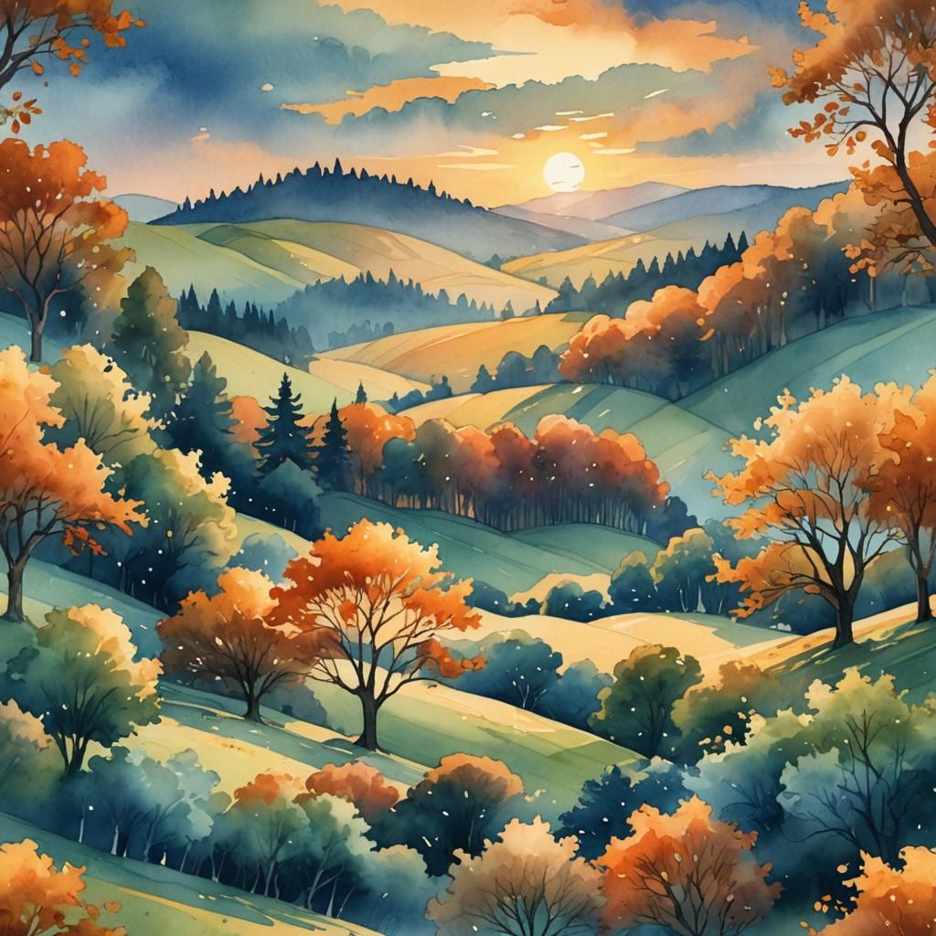 Romantic Digital Watercolor Summerscape Sunset