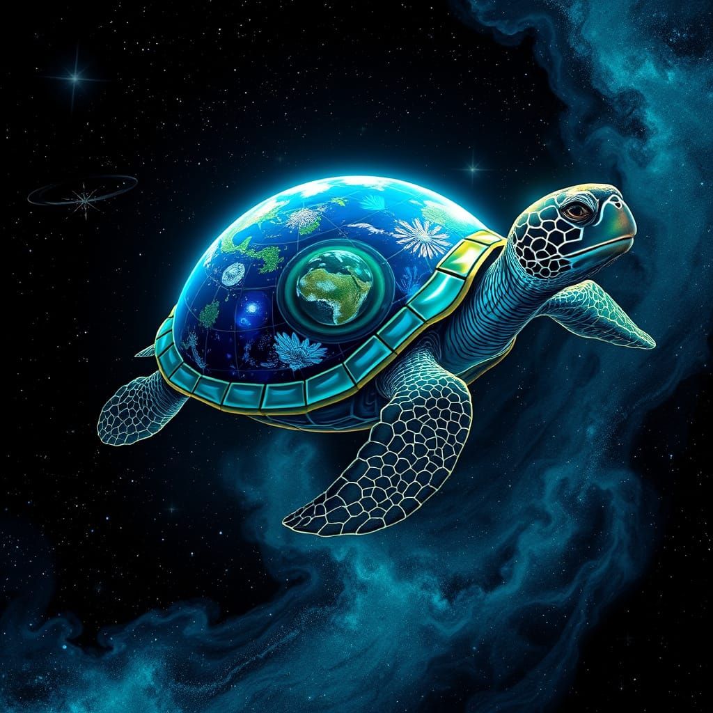 Mystical Cosmic Turtle Carries Earth in Ethereal Space