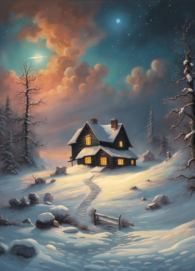 A Beautifully Painting of a intricate Cabin House in the sno...