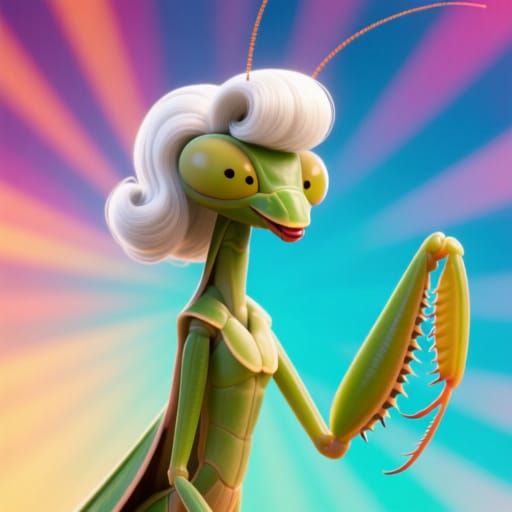Anthropomorphic Mantis with Beehive Wig: Pixar-style 3D Art