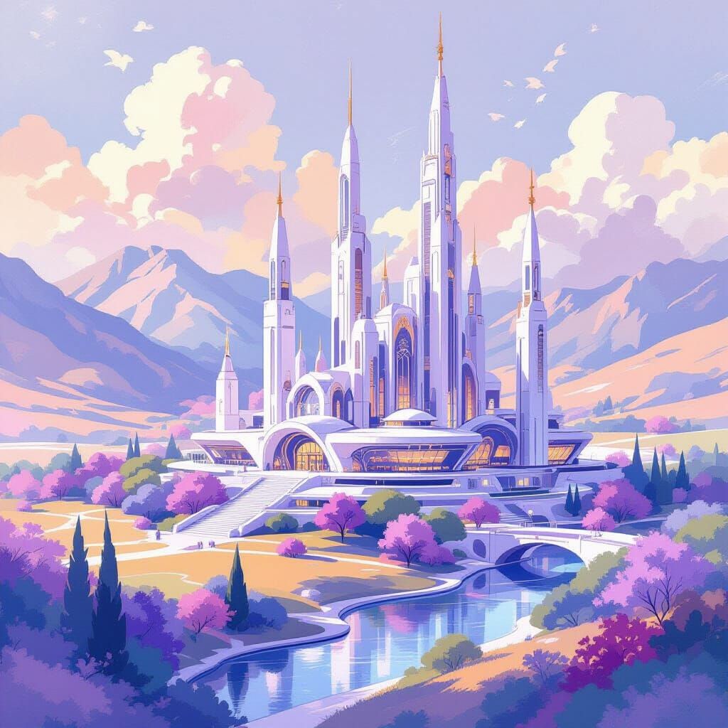 Futuristic University in Dreamy Watercolor Style