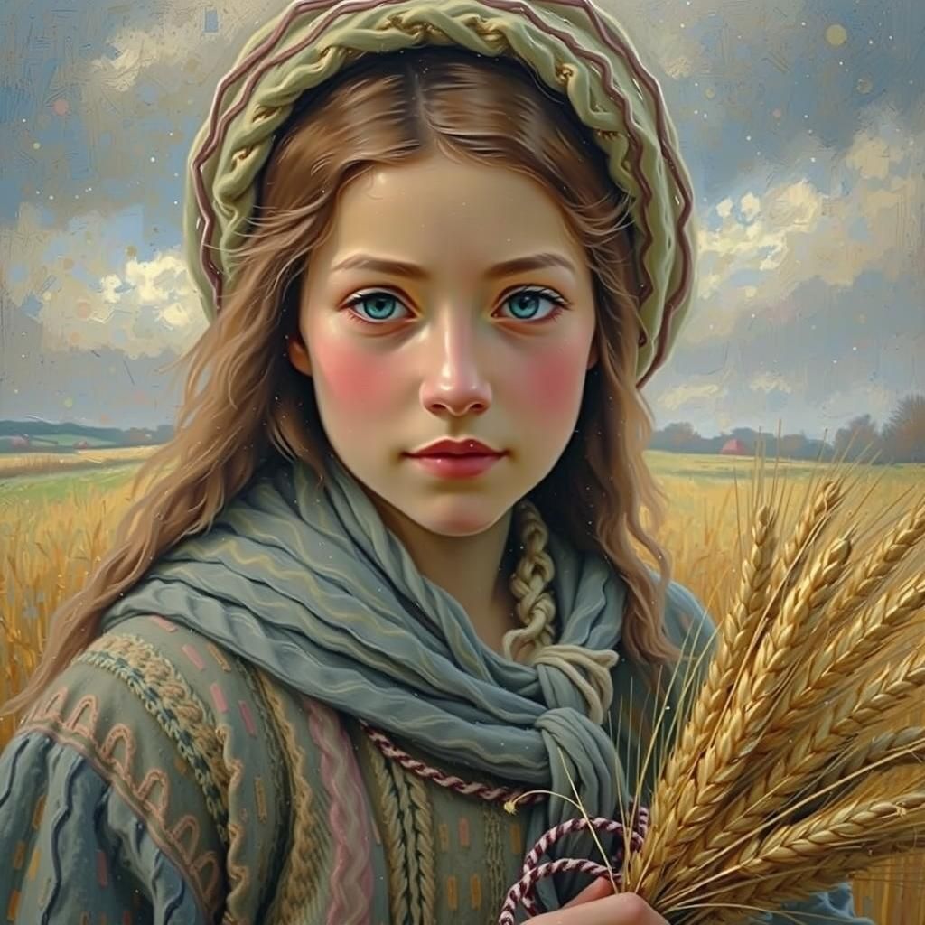 Russian Peasant Girl with Wheat, Impressionistic Portrait