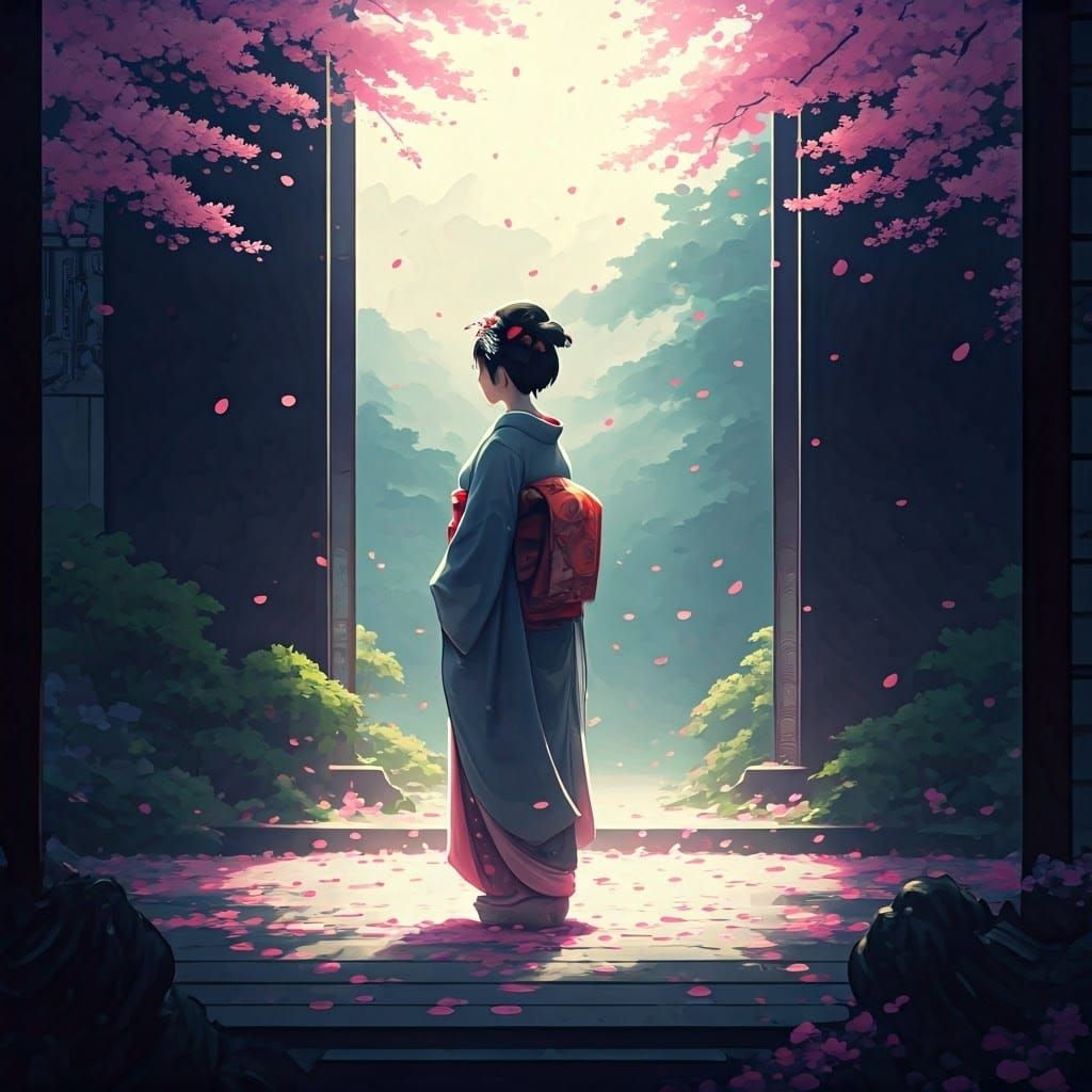 Surreal Geisha Enchants Cherry Blossom Garden in Classic Sum...