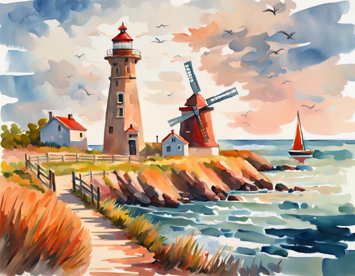 Lighthouse and Windmill as Impasto Gouache Painting